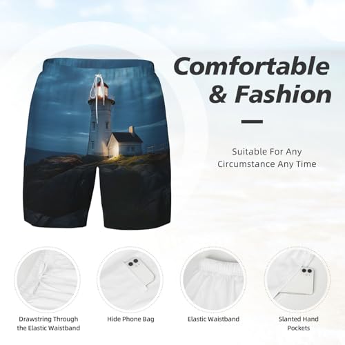 Men's Swim Trunks Quick Dry Board Shorts Lighthouse at Night Beach Shorts with Pocket Bathing Suits for Men4