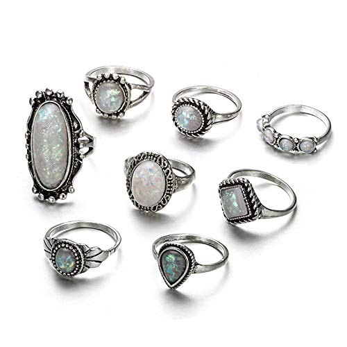 Yean Boho Rings Set Silver Statement Rings Opal Stone Joint Knuckle Ring Set Stacking Rings for Women and Girls(Pack of 8)