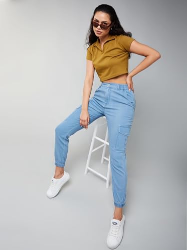Image of Dolce Crudo Women's Light Blue Regular High Rise Regular Stretchable Denim Joggers