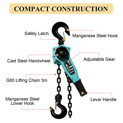 Pachletool Lever Chain Hoist Chain Come Along 1650 Lbs Capacity, 5 Ft Manual Chain Hoist With 2 Heavy Duty Hooks, Ratchet Puller Hoist For Building Warehouse Garages Construction #TOP4