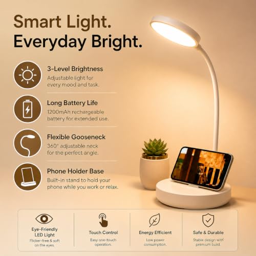 Image of Rechargeable LED Desk Lamp with Mobile Holder, 2400 mAh Battery, USB Type-C Charging, 3 Lighting Modes, Touch Control, Foldable Eye-Care Study Lamp for Reading, Office, Bedside & Students