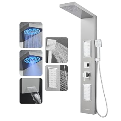 ROVOGO Led Shower Panel Tower System, 2-Setting Lighted Shower Head (Rainfall & Mist Mode), Large Body Jets, Handheld and Tub Spout, 50" Stainless Steel Shower Column with Mixer Valve, Brushed