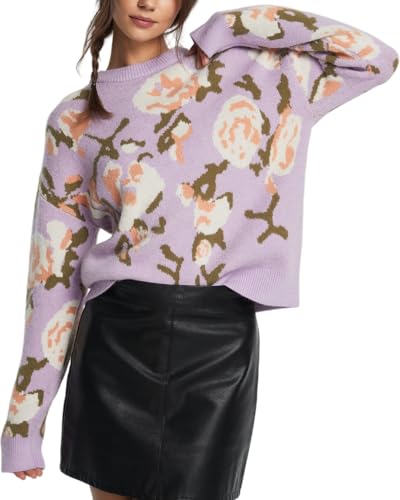 Image of Women's Flower Sweater Crew Neck Casual Long Sleeve Drop Shoulder Pullover Sweaters Knit Top