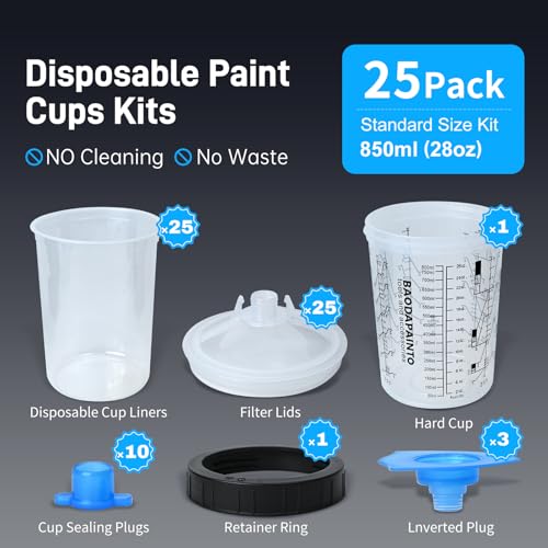 Image of Disposable Paint Cups for Spray Gun, Paint System for HVLP and LVLP Paint Spray Paint Gun, 27 Ounce (800ml) Kit with 25 Cups and Lids System, 1 Hard Cup with Retainer Ring, 10 Plugs, 3 Mixing Sticks