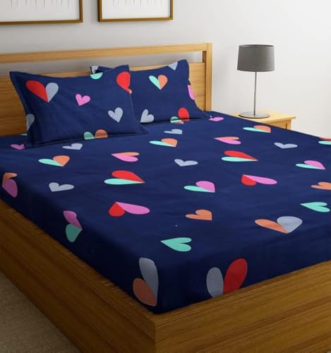 Image of NHD HOME Premium Cotton Feel Polycotton Elastic Fitted King Size Double Bedsheets with 2 Pillow Covers | All Around Elastic 210 TC Super Soft | Size - 72 King Size x 78+10 inches | Dark Blue