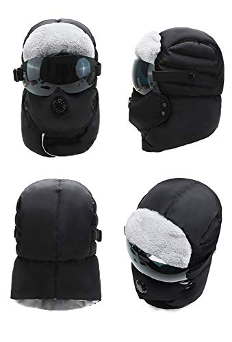 Windproof Full Cover Balaclava With Glasses Men Women Winter Thermal Plush Lining Ski Camping Full Hood Earflap Cap Snowproof Hunting Trapper Hat Cycling Bike Ushanka Russian Hat Black #TOP3