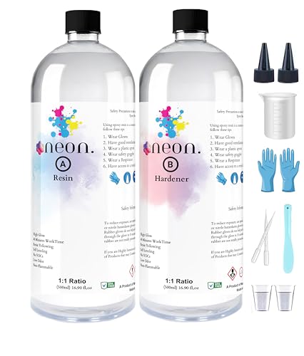 Neon Epoxy Resin 1kg Kit (1:1 Ratio) Crystal Clear High Gloss Bubble-Free Non-Yellowing Formula for Art Wood River Tables & DIY Crafts