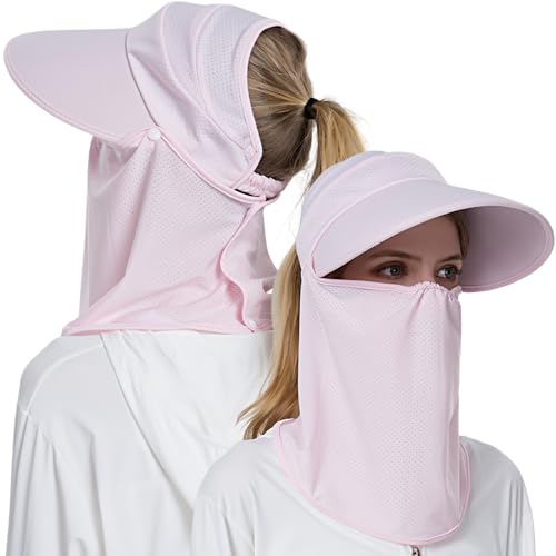 Women’s Visor Hat with Ponytail Hole & Face Mask, Wide Brim Sun Cap for Women Golf Hats, Ladies Visors Sports UPF 50 UV Protection Summer Travel Boonie Hat with Chin Strap (AU, Alpha, Medium, Pink)