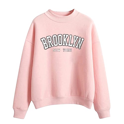 Image of Ladies Sweatshirts without Hood Casual Brooklyn Sweatshirt UK Printed Crewneck Cotton Long Sleeve Tops Womens Pullover Sweatshirt Club Basic Tee Shirt Casual Jumper Tops fit Teenage Girl Pink
