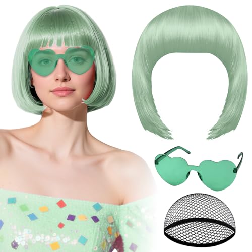 PLULON Sage Green Bob Wig with Heart Glasses Hair Cap Neon Color Party Wig