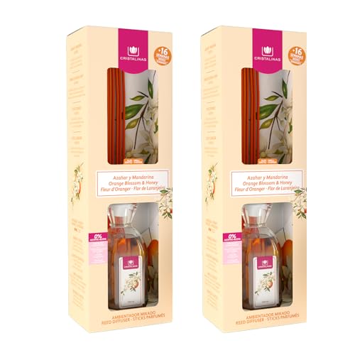 CRISTALINAS. Ambientador Mikado Clásico. Difusor con Varillas. Formula sin Alcohol. Máxima duración, más de 16 semanas. 180ml de Capacidad. Aroma Azahar. (2x180ml)