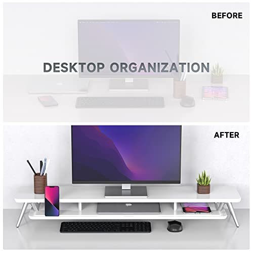 Miniatura 7 de Fenge Soporte Monitor Doble De Madera, Elevador Monitor De 2 Capas Con Gran Espacio De Almacenamiento Y Soporte Para Teléfono Tableta 108x23, 5x14, 5cm Blanco