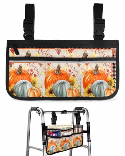 Anzona Hello Fall Wheelchair Side Bag Walker Bag, Autumn Pumpkin Sunflower Black Plaid Wheelchair Accessories Armrest Pouch, Organizer Storage Bag for Walkers, Rollators, Scooters, 7.3''x13''