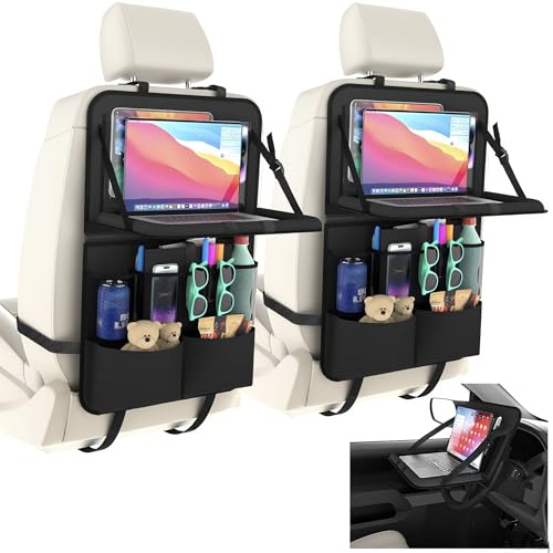 2 Pack Backseat Car Organizer with Tray, 11 Pocket Car Storage with Tablet Holder & Detachable Top for Steering Wheel, Road Trip Essentials Travel, Protector Kick Mats for Kids