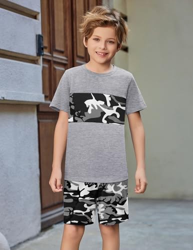 Image of Arshiner Boys' 2-Piece Cotton Outfit Color Block T-Shirt and Shorts Set Summer Camo Clothes for Kids 5-14 Years