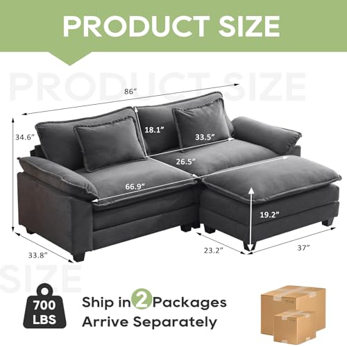 Image of Oprisen 86 inch Modular Sectional Sofa, Comfy Cloud Couch Sectional Sofa with Ottoman, Velvet Sofa Sleeper Deep Seat Sofa with Throw Pillows for Living Room (Blue Gray, 86 inch- L Shape)
