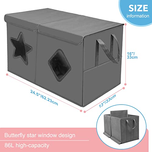 Ouruer Large Toy Box-Toy Chest Organizers And Storage With Star Diamond Transparent Windows,Double Flip-Top Lids,2 Sturdy Lengthen Handles And 2 Mesh Bags For Boys,Kids,Girls,Nursery,Play Room(Grey) #TOP6