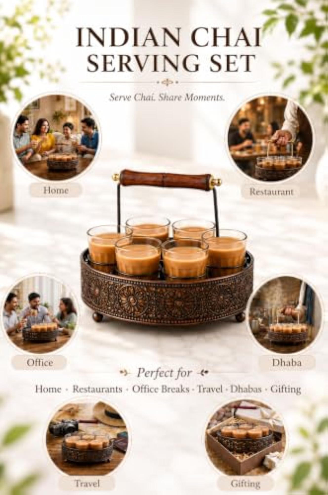 Cup Set 6 Cutting Chai Glasses with Serving Stand