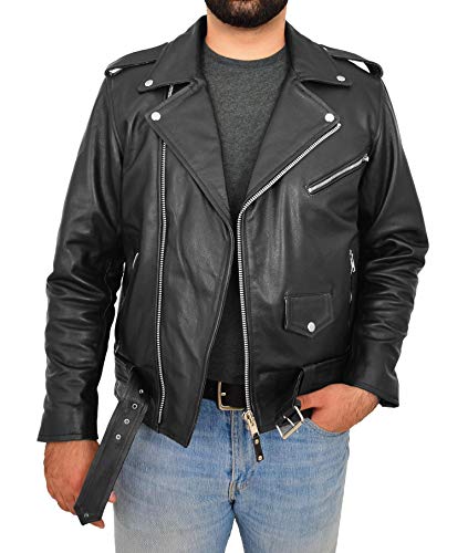 Echt Kuhfell Biker-Lederjacke Für Männer Mit Gürtel Beiläufig Brando Mantel Rock Schwarz (XXL - EU 54) Cover