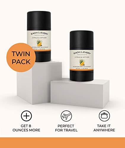 Each & Every 2-Pack Travel Size Natural Aluminum-Free Deodorant for Sensitive Skin with Essential Oils, Plant-Based Packaging, Citrus & Vetiver 1.7 Oz