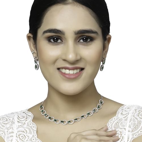 Image of ZENEME Rhodium-Plated American Diamond Studded Disc-Shaped Necklace With Earrings Jewellery Set For Girls and Women