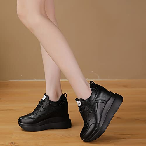 Image of Platform Sneakers for Women High Hidden Heel Wedge Sneakers Fashion Leather Chunky Lace up Wedge Tennis Shoes Increasing 3.94 inch