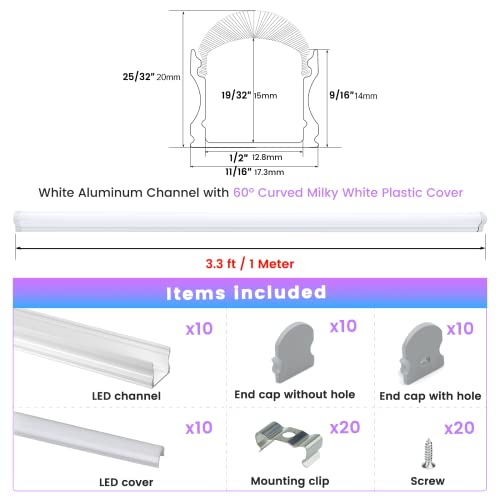 Image of Muzata 10Pack 3.3FT /1M Excellent Spotless LED Channel LED Strip Diffuser Channel with Thicker Milky White Cover No Hot Spots White Deeper U108 HW 1M