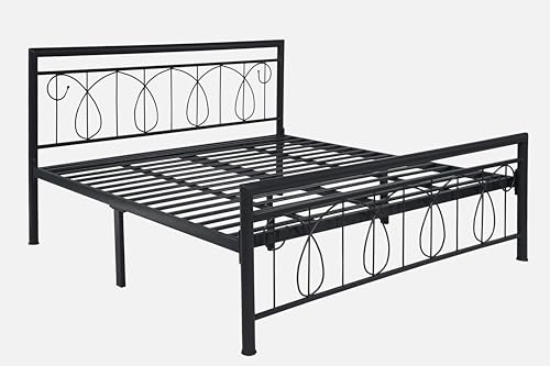 Image of Kovu Metal King Size Bed Without Storage | Wrought Iron Double Bed with Headboard & Footboard | Sturdy Powder Coated Platform Bed King Size Cot for BedroomLivingRoom Black (75x72)