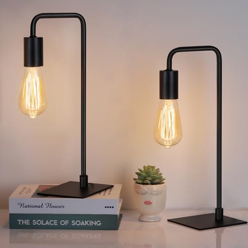 HAITRAL Vintage Industrial Bedside Lamps Set of 2, Metal Desk Lamps with Square Base, Nightstand Lighting for Bedroom Office