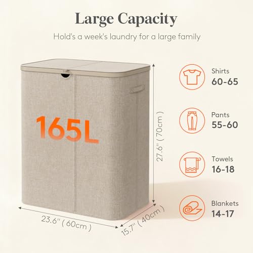 Image of Lifewit 165L 3 Section Laundry Hamper with Lid, Large Laundry Basket with Handles and Removable Bags, Tall Clothes Hamper, Foldable Laundry Sorter for Bedroom Bathroom, Beige
