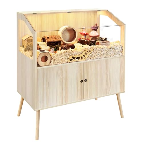 PROLEE Hamster Cage with Storage Cabinet,Large Hamster Encloure Chew Proof Wood,Clear View Hamster Habitat for Guinea Pig, Ferret, Rat, Hedgehog, 40