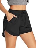 ALONG FIT 2 in 1 Shorts Damen Baumwolle Laufhose mit Taschen Schnelltrocknende Laufshorts Kurze Sporthose Jogging Bike Yoga Tennis Fitness Boxing Home Shorts Sommer Schwarz M