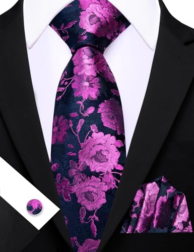 Image of Barry.Wang Flower Ties for Men Silk Woven Floral Tie Sets Necktie Handkerchief Cufflinks Wedding Party