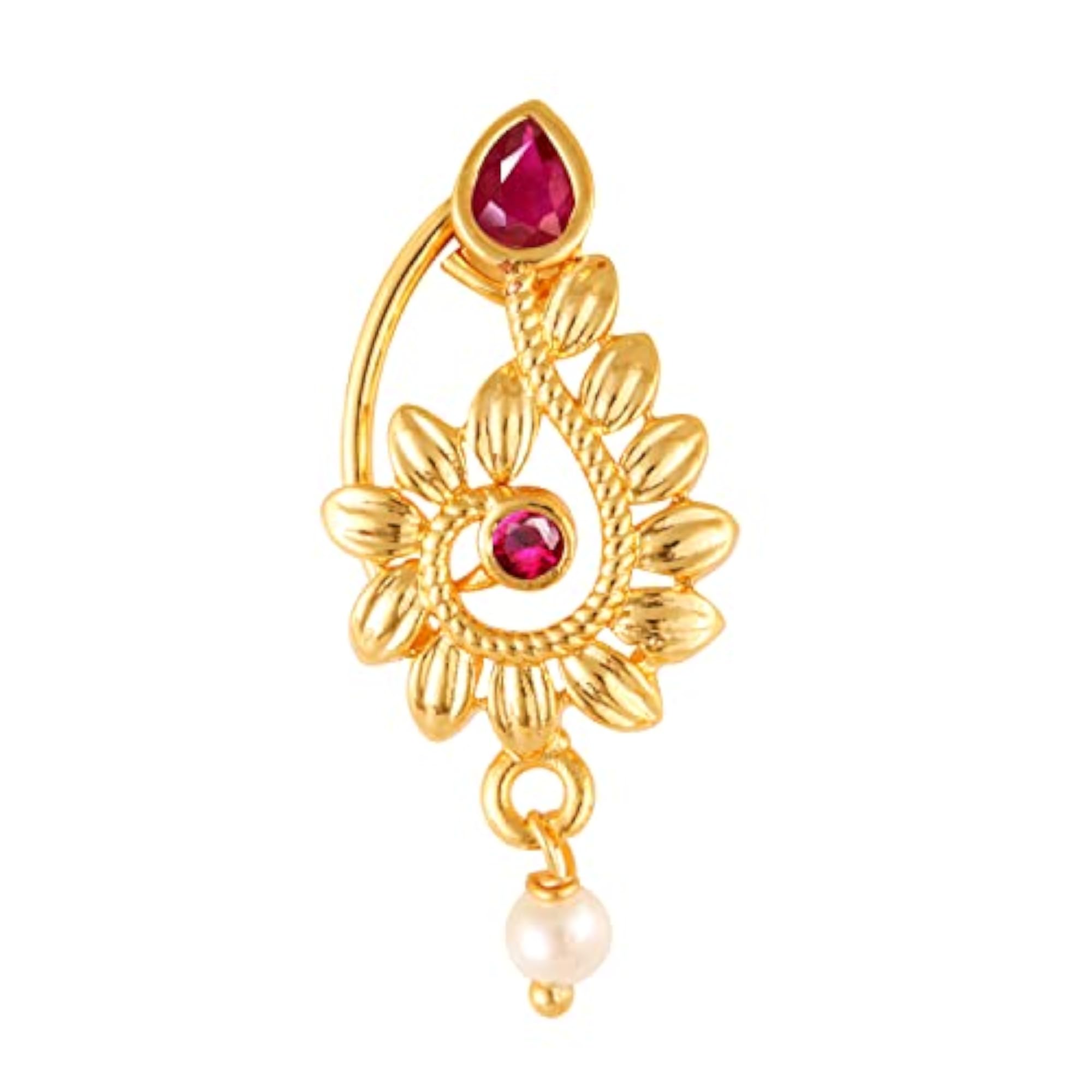 Women's Gold Plated Red Diamond Pearl Studded Nath