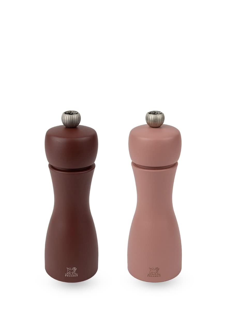 PEUGEOT - Pfeffermühle + Salzmühle Tahiti Erde 15 cm + Pfeffer & Steinsalz - Innovatives Zirlion-Mahlwerk - Aus zertifiziertem Holz - Französiches Know-How - Kakao- & Haselnussbraun