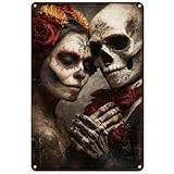 Hobbspring 1 Stück Metallblechschild Mexikanischer Totenkopf Vintage Eisenschilder Poster 20x30cm Mit Ringelblumen Spezialdesign Wandkunst Dekoration Für Club Bar Musikinstrumentenladen Halloween