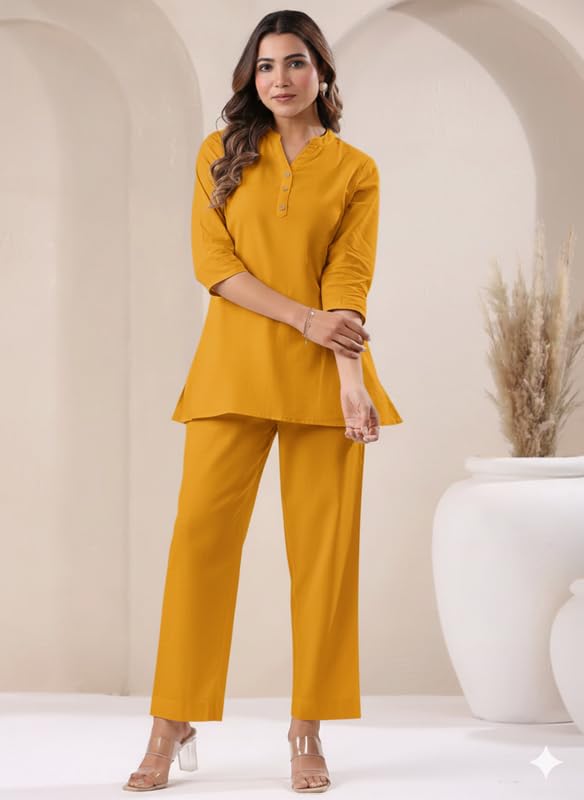 Image of Co Ord Set for Women Stylish Pure Cotton Airy Linen Lounge Wear Kurta Coord Set for Women | Regular Fit Solid Summer Kurti Set Casual, Travel, Office Formal Wear