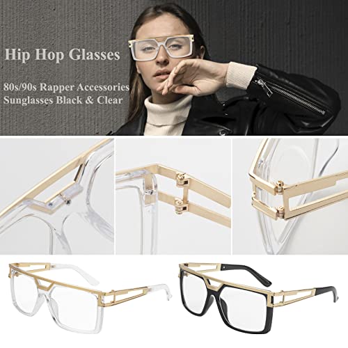 2 Pairs 90s Sunglasses Vintage DJ Rapper Hip Hop Glasses, Classic Oversized Hippie Glasses for 80s Hip Hop Costume, Square Retro Gold Frame3