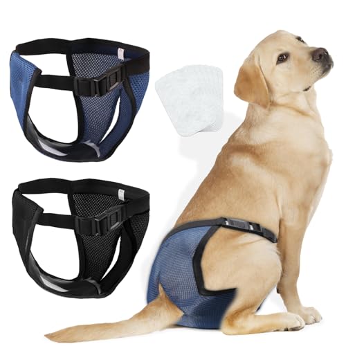 2er Pack Läufigkeitshose für Hündinnen, Wiederverwendbare Höschen für Hunde Läufigkeit mit 6 Damenbinden, Waschbare Verstellbare Hundehöschen Läufigkeit (Taillenumfang von 50-59 cm)