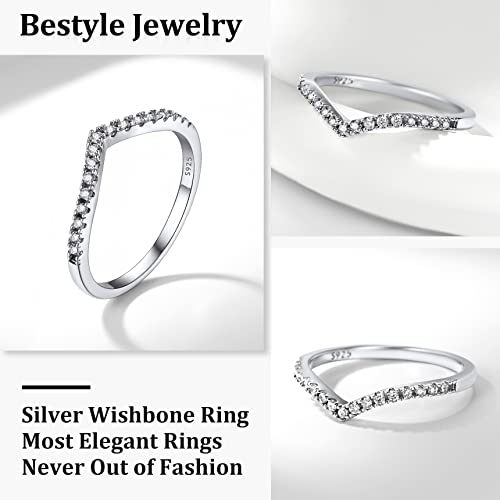 Bestyle Simple Sterling Silver Band Ring Wishbone Ring Full Cubic Zirconia Ring for Women, Love/Lucky Statement Promise Engagement Wedding Eternity Ring Stackbale, Size 4-122