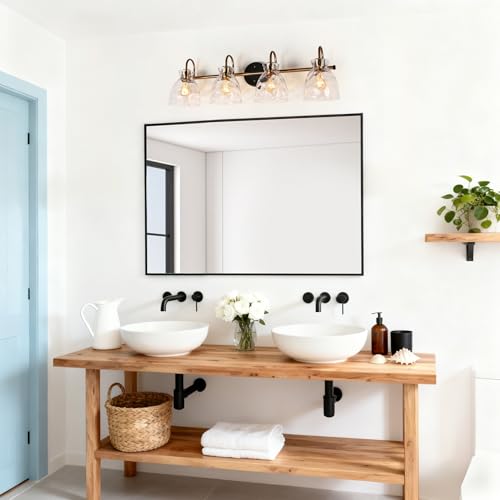 Image of KSANA Bathroom Vanity Lights, Mid-Century Modern 4 Light Bathroom Light Fixtures Black and Electroplated Copper Vanity Lights with Water Ripple Glass