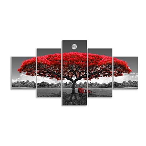 Canvas Wall Art Red Tree Wall Art Black and White Framed Artwork Landscape Pictures for Wall Decor Pictures for Living Room 5 Pieces