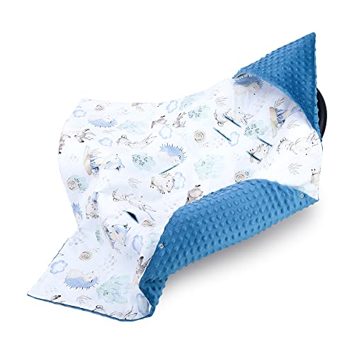 Einschlagdecke Babyschale Decke Kinderwagen 90x90cm - universal baby Babydecke für Buggy Autositz Ganzjahresdecke Baumwolle Minky Igel Blau