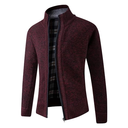 Men's Solid Color Slim Knitted Sweater Zipper Thick Althletic Tops Soft Cardigan Outdoor Sweatshirt (Medium,Wine Red)