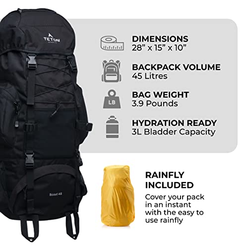 Teton Sports Scout Internal Frame Backpack – High-Performance Backpack For Hiking, Camping, Backpacking; Adjustable For Men, Women And Youth; Rain Cover; Black, 45L #TOP1