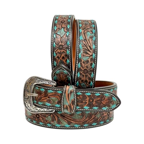 Western Leather Belt Heavy Duty Belt Tooled Antique Finish with Turquoise Buckstitch Belt 30AB111