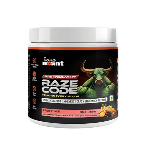 Image of BeingMount Raze Code Pre Workout Supplement, Fruit Punch Flavour, Power Formula with X Factor, No Energy Crash, Hydration Reloaded, 200g
