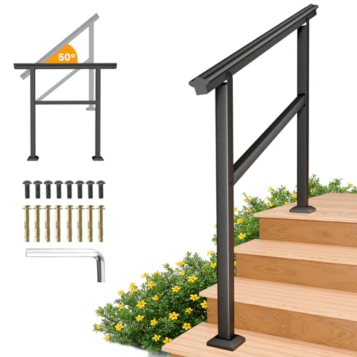 SPACEEUP Hand Rails for Outdoor Steps,4 Step Handrailï¼Œ45" x 34" Fits 0 to 4 Steps, Outdoor Stair Handrail Kit, Black Railings for Outdoor Steps for Porch Deckï¼ŒHand Rails for Seniors