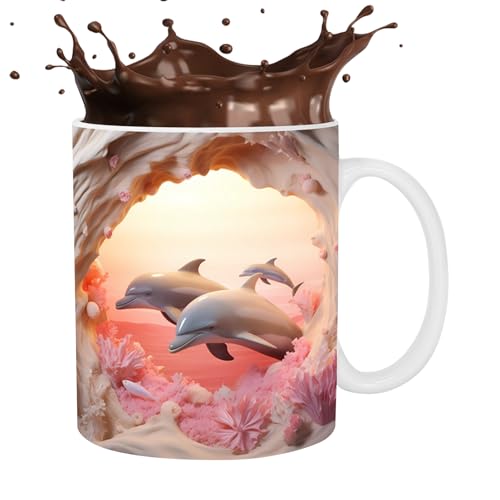 higyee Tazas de cerámica con delfines 3D, Tazas de café de cerámica pintadas en plano 3D, de café con decoración de delfines de 11 oz para los amantes del té con leche y, tazas de