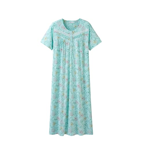 Keyocean Women Nightgowns, Soft 100% Cotton Short Sleeves Comfy Ladies Nightdress, Lotus Leaves on Light Green, Large